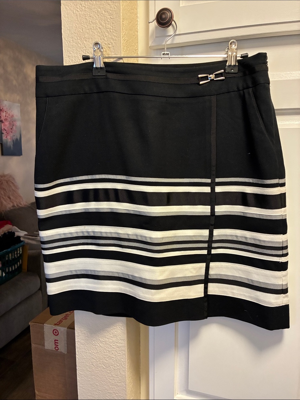 White House Black Market Black , Grey and White Striped Skirt